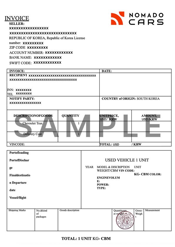 Sample Nomado Cars invoice